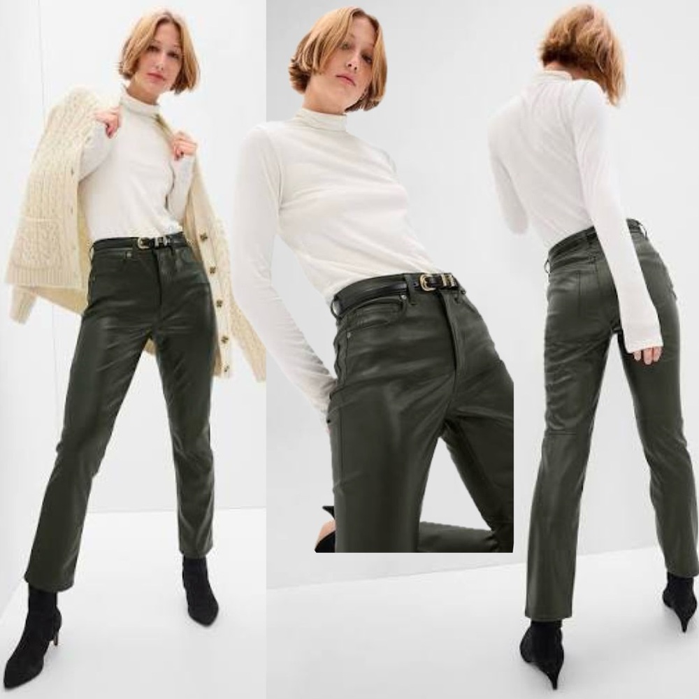 Gap vintage slim high rise green faux leather pants Sz 31 mistletoe green NWOT